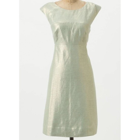 Maeve Anthropologie Shift Dress Women 14 Mint Metallic Green Linen Mentha Cutout - Picture 14 of 15